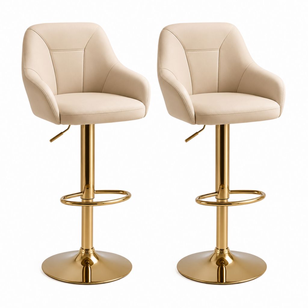 Set di 2 sgabelli da bar girevoli e regolabili in pelle sintetica beige e acciaio dorato, 52 × 52 × 86–107 cm