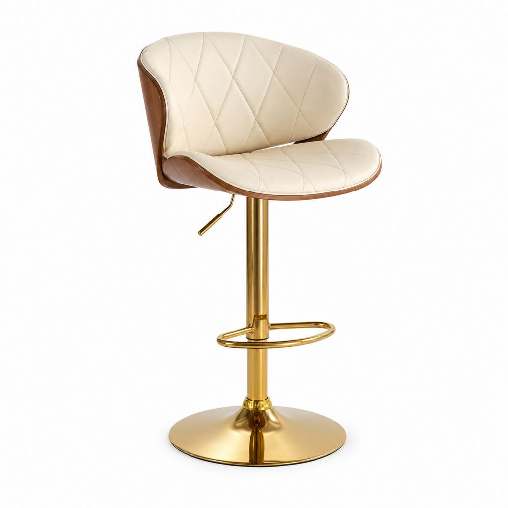 Sgabello da bar girevole regolabile in pelle sintetica, legno e metallo, crema, noce e oro, 53 × 50 × 88–108 cm