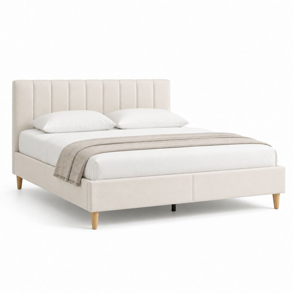 Struttura letto matrimoniale rettangolare imbottita in poliestere beige chiaro, 171 × 214 × 110 cm, per materasso 160 × 200 cm