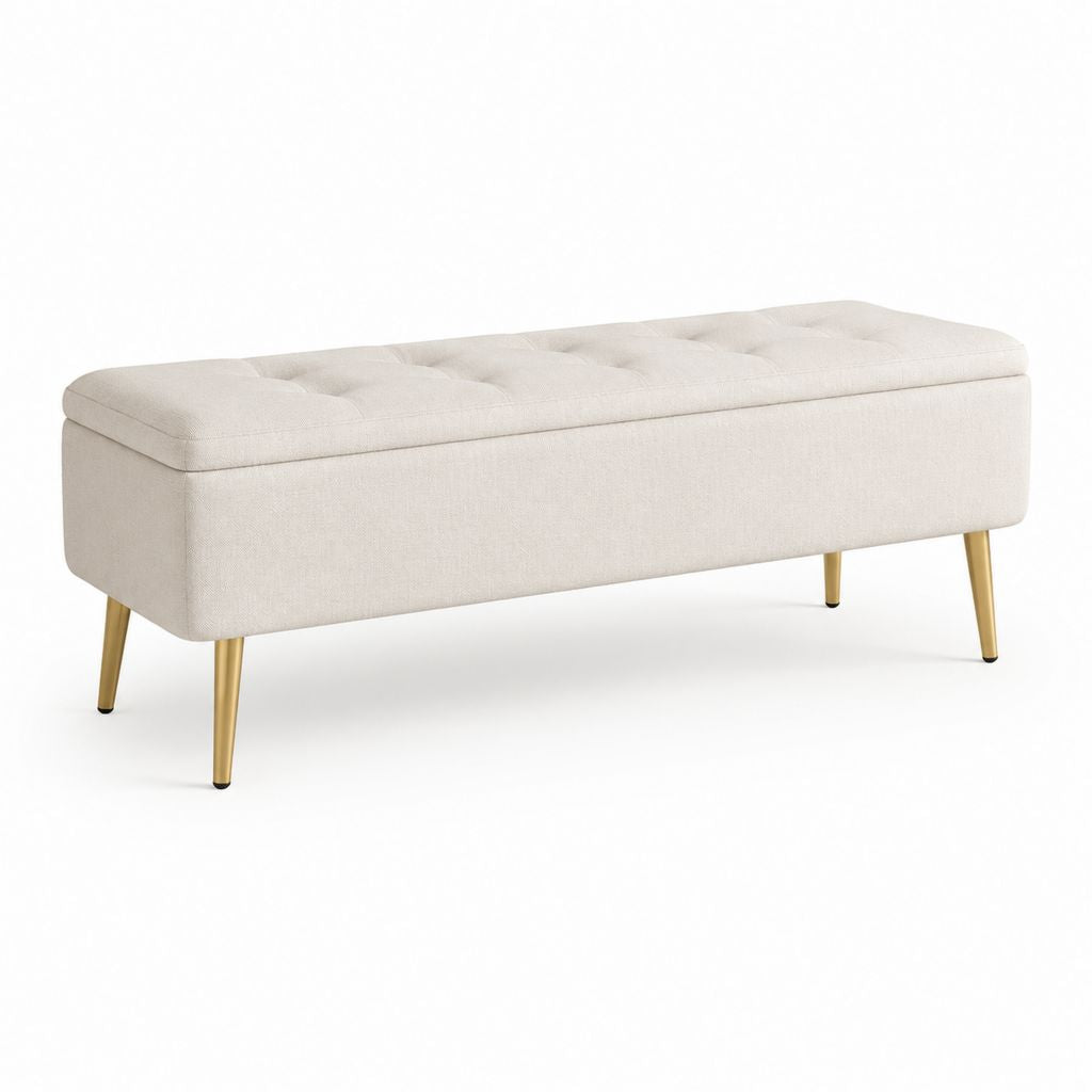 Panca fondoletto contenitore imbottita in poliestere beige con gambe in acciaio dorato, 120 x 40 x 48 cm