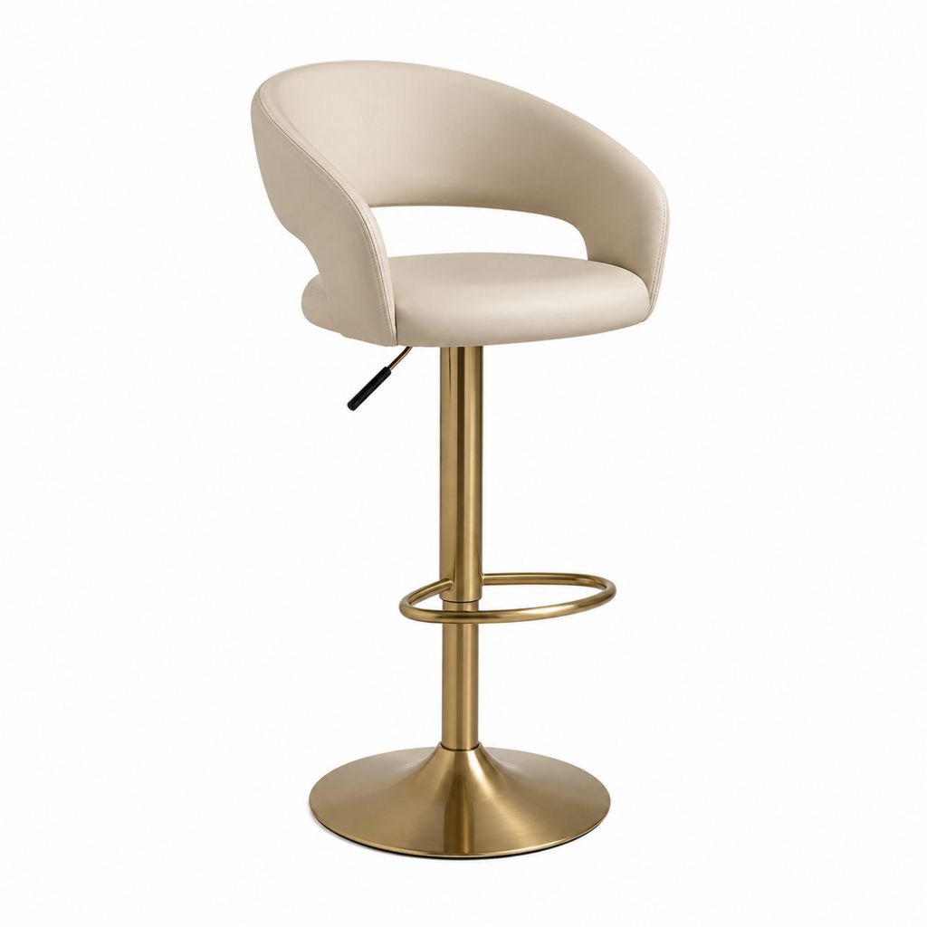 Sgabello da bar girevole regolabile in similpelle beige e metallo dorato, 53 x 50 x 86-107 cm