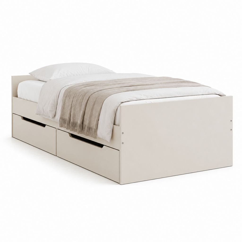 Letto singolo rettangolare con 2 cassetti in pannello truciolare melaminico beige chiaro, 96 x 204 x 70 cm, per materasso 90 x 200 cm