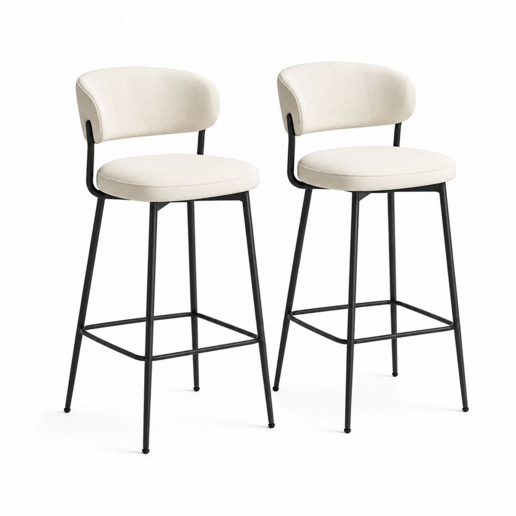 Set di 2 sgabelli da bar in tessuto poliestere crema con schienale e struttura in acciaio nero, 48 x 52 x 100 cm