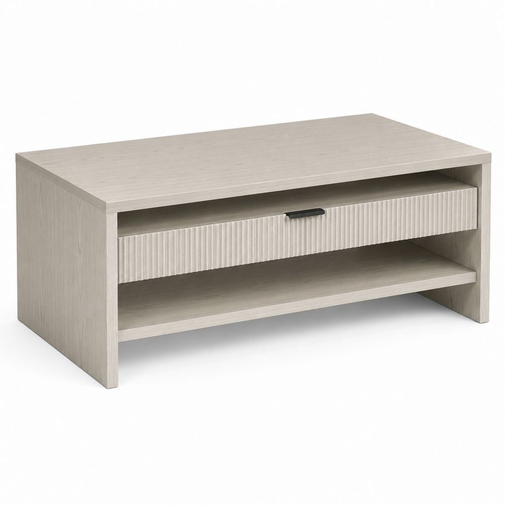 Tavolino rettangolare in legno rovere grigio e nero con cassetto e ripiani, 100 x 55 x 45 cm