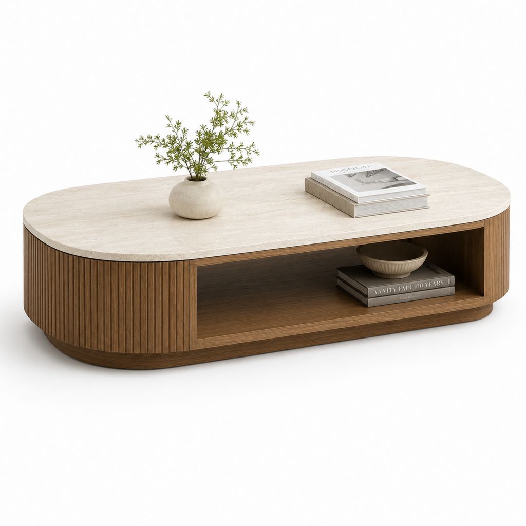 Tavolino da caffè ovale in MDF impiallacciato noce con piano in pietra sinterizzata beige, 120 × 60 × 40 cm