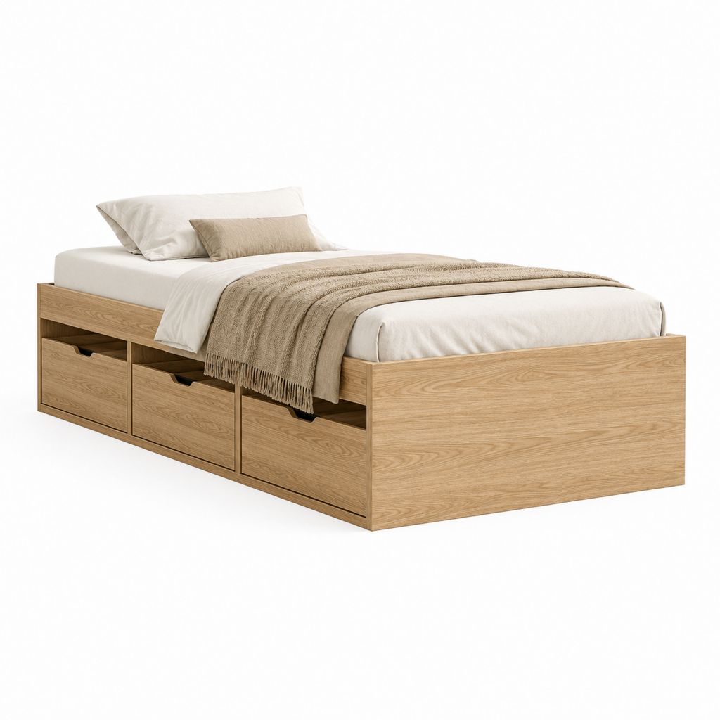Letto singolo contenitore in truciolare melaminico rovere naturale con 3 cassetti, materasso 90 x 200 cm, dimensioni 205 x 96 x 60 cm