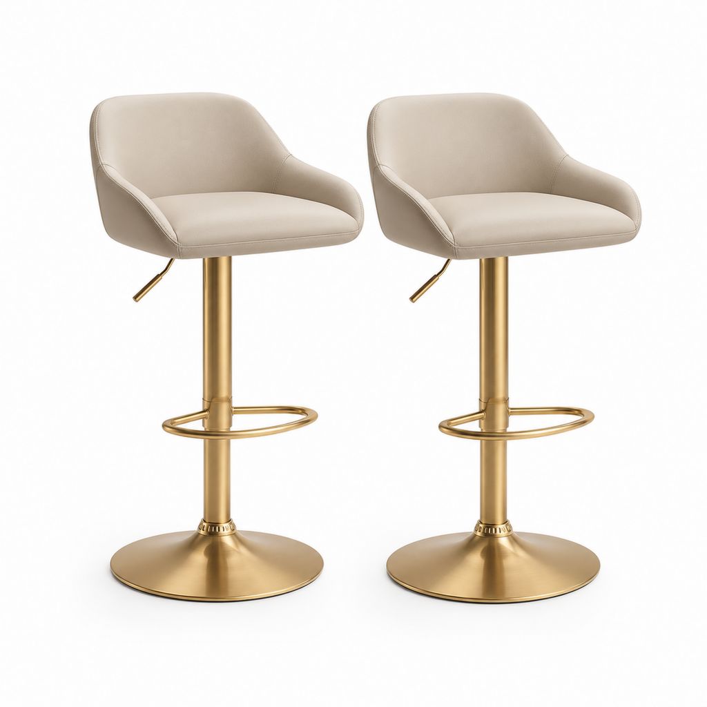 Set di 2 sgabelli da bar regolabili e girevoli in similpelle beige con struttura in acciaio dorato, 52 x 51 x 85-106 cm