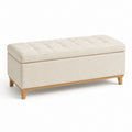 Panca contenitore rettangolare in poliestere beige con seduta capitonné e gambe in legno massello, 110 x 40 x 45 cm