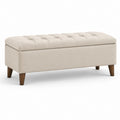 Panca contenitore rettangolare in poliestere beige con seduta trapuntata e gambe in legno massello, 120 x 45 x 50 cm