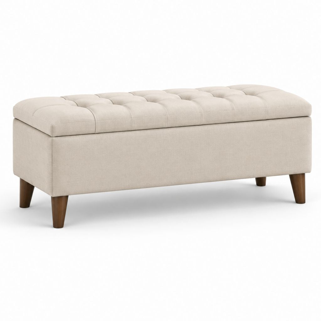Panca contenitore rettangolare in poliestere beige con seduta trapuntata e gambe in legno massello, 120 x 45 x 50 cm