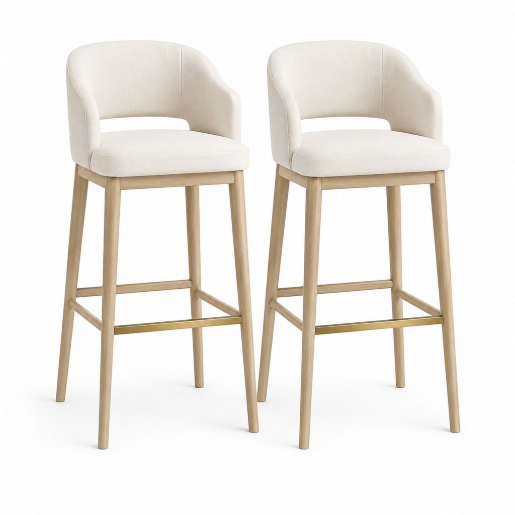 Set di 2 sgabelli da bar imbottiti in tessuto avorio e legno naturale, 56 × 56 × 100 cm