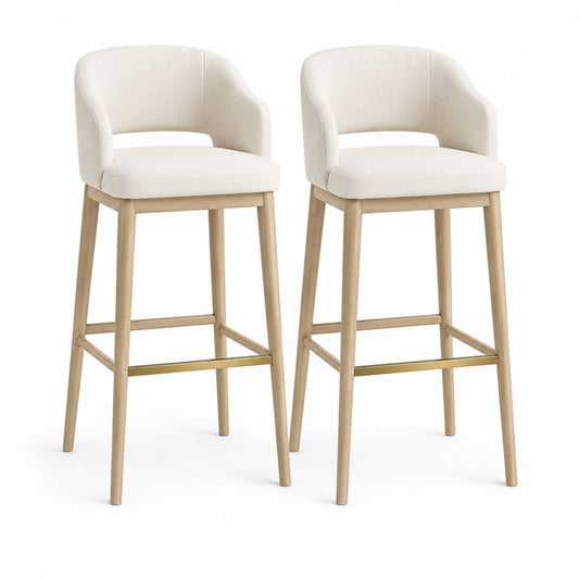 Set di 2 sgabelli da bar imbottiti in tessuto avorio e legno naturale, 56 × 56 × 100 cm
