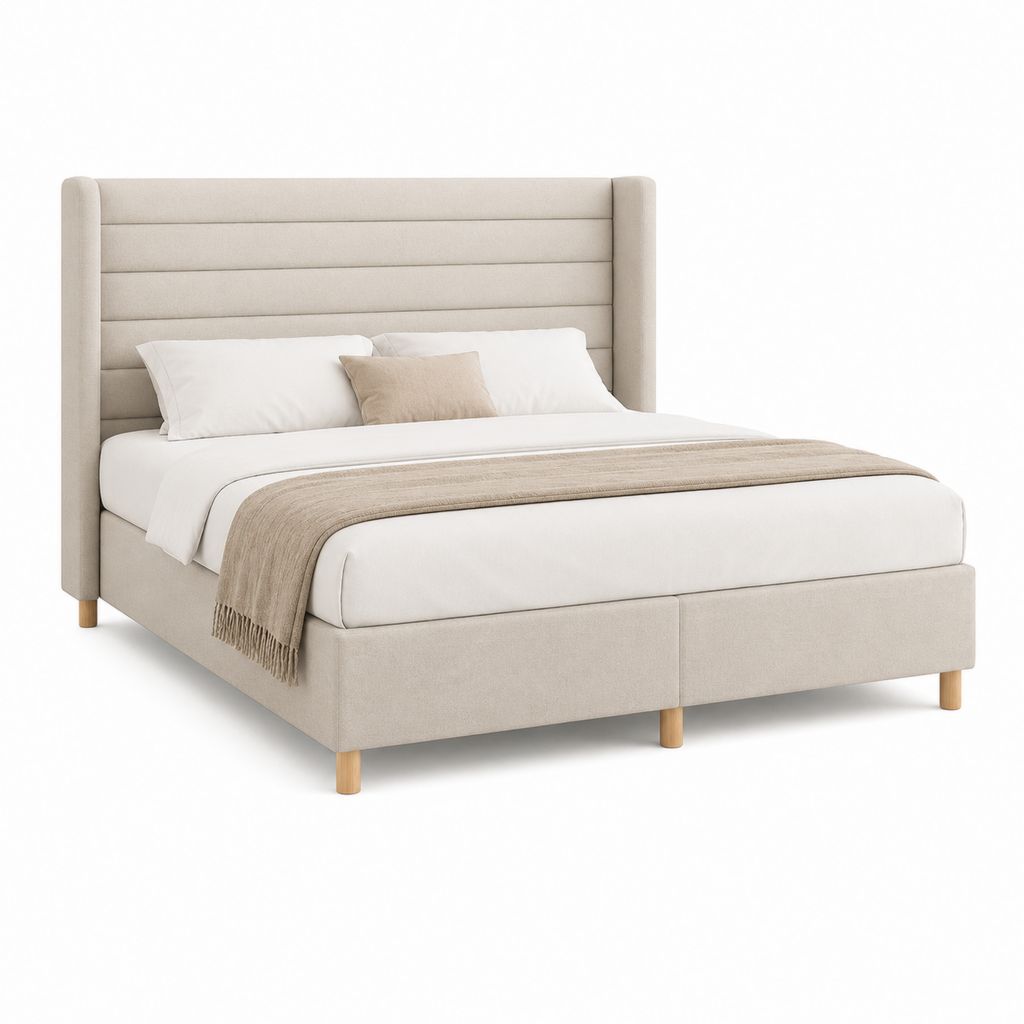 Letto matrimoniale imbottito beige 160 × 200 cm con testiera alta e rete a doghe