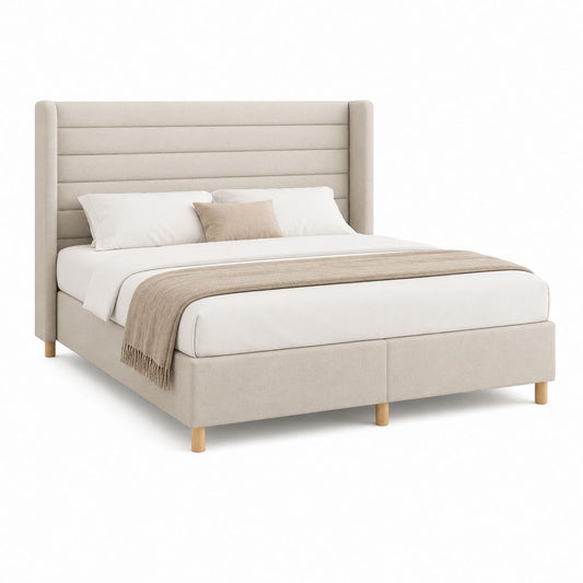 Letto matrimoniale imbottito beige 160 × 200 cm con testiera alta e rete a doghe