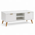 Tavolino rettangolare in MDF e truciolare bianco ed effetto rovere con 2 ante, ripiano aperto e maniglie color ottone, 100 × 50 × 55 cm