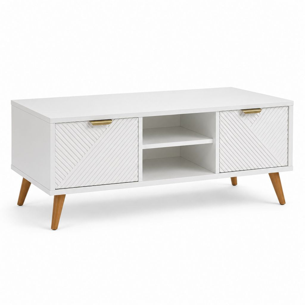 Tavolino rettangolare in MDF e truciolare bianco ed effetto rovere con 2 ante, ripiano aperto e maniglie color ottone, 100 × 50 × 55 cm