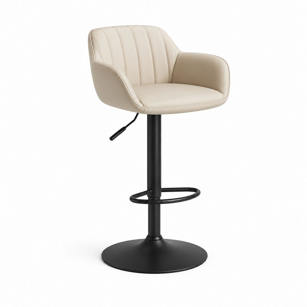 Sgabello da bar girevole regolabile in pelle sintetica e acciaio con schienale, braccioli e base rotonda, beige e nero, 52 x 54 x 90-111 cm