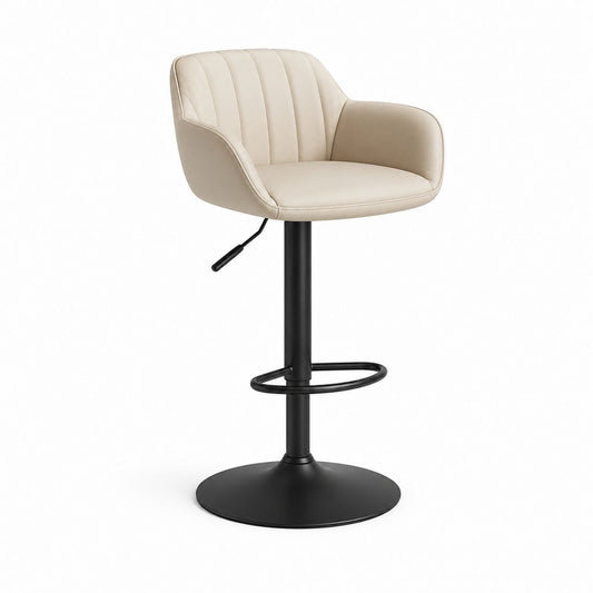 Sgabello da bar girevole regolabile in pelle sintetica e acciaio con schienale, braccioli e base rotonda, beige e nero, 52 x 54 x 90-111 cm