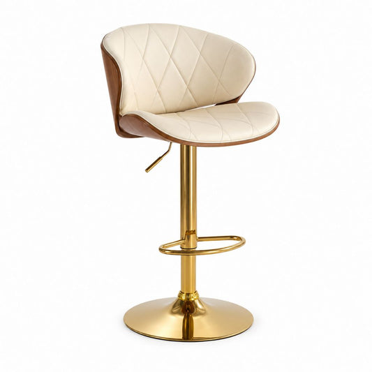 Sgabello da bar girevole regolabile in pelle sintetica, legno e metallo, crema, noce e oro, 53 × 50 × 88–108 cm