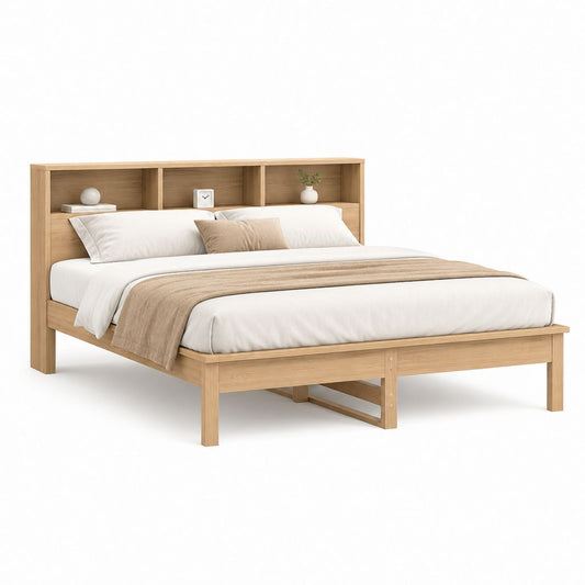 Letto matrimoniale 160 x 200 cm in legno con testiera libreria, rovere naturale, 215 x 166 x 110 cm