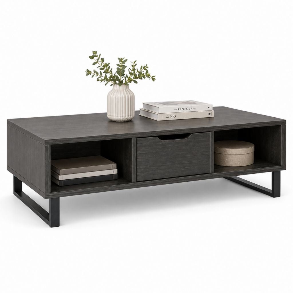 Tavolino da caffè rettangolare in legno e metallo, grigio antracite e nero, con cassetto e 2 vani, 120 x 60 x 45 cm