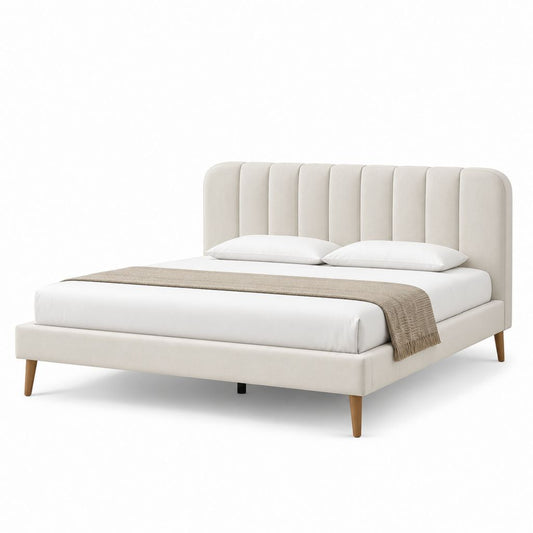 Letto matrimoniale imbottito beige 170 x 215 x 110 cm per materasso 160 x 200 cm, testiera scanalata e gambe in legno
