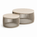 Set di 2 tavolini rotondi in travertino e acciaio, beige e tortora, Ø80 × H40 cm e Ø55 × H35 cm