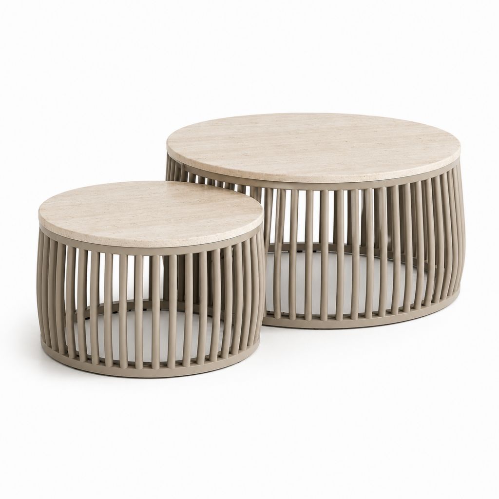 Set di 2 tavolini rotondi in travertino e acciaio, beige e tortora, Ø80 × H40 cm e Ø55 × H35 cm