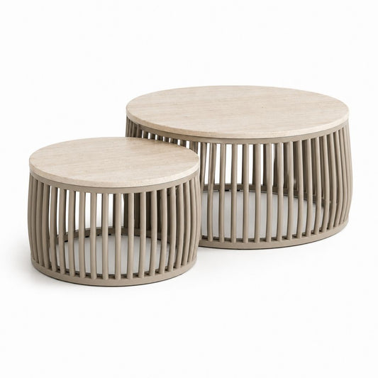 Set di 2 tavolini rotondi in travertino e acciaio, beige e tortora, Ø80 × H40 cm e Ø55 × H35 cm