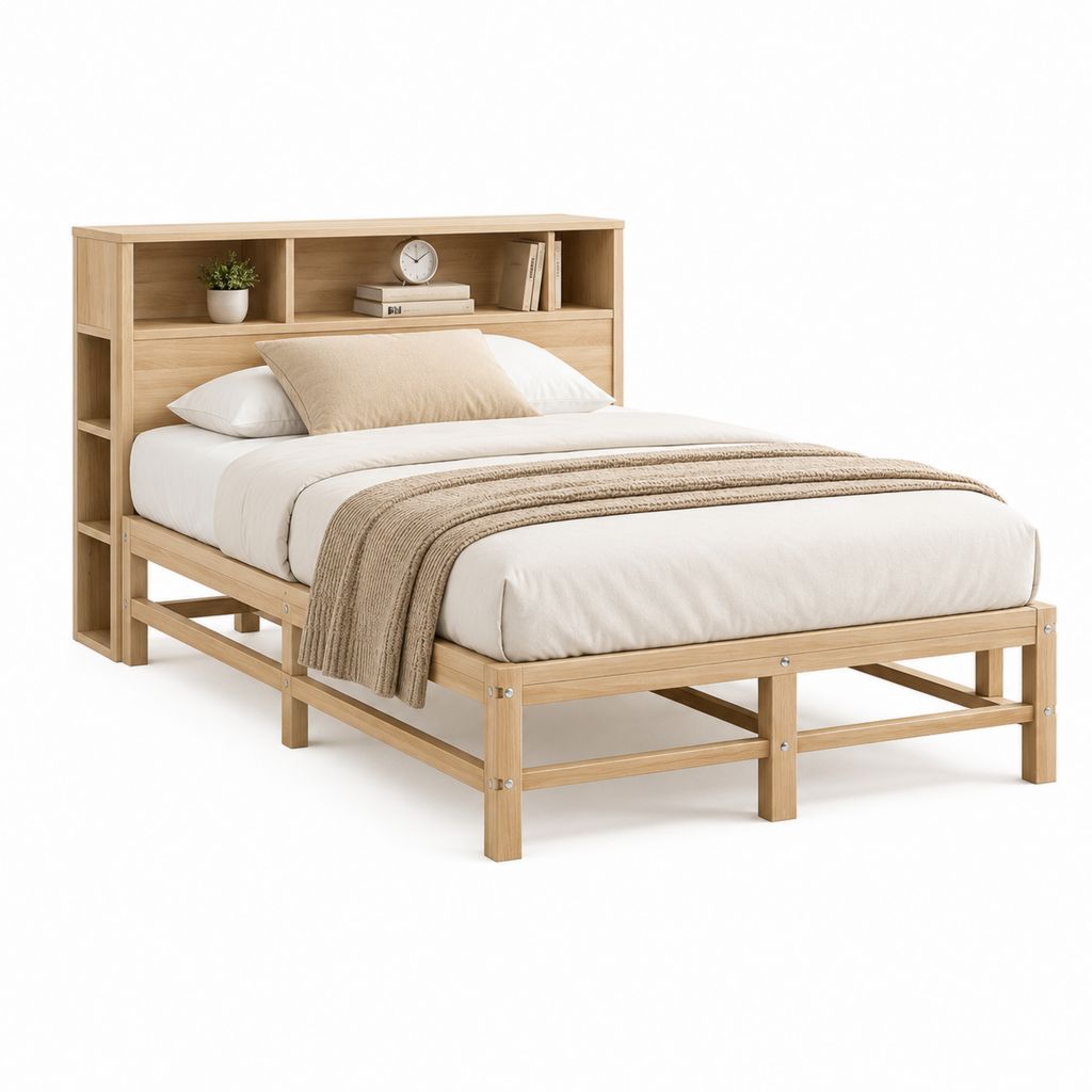 Struttura letto matrimoniale in legno 169 × 218 × 145 cm per materasso 160 × 200 cm con testiera libreria, colore naturale