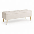 Panca fondoletto contenitore imbottita in poliestere beige con gambe in acciaio dorato, 120 x 40 x 48 cm