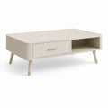 Tavolino da caffè rettangolare in MDF beige e oro con cassetto e vano aperto, 100 x 60 x 45 cm