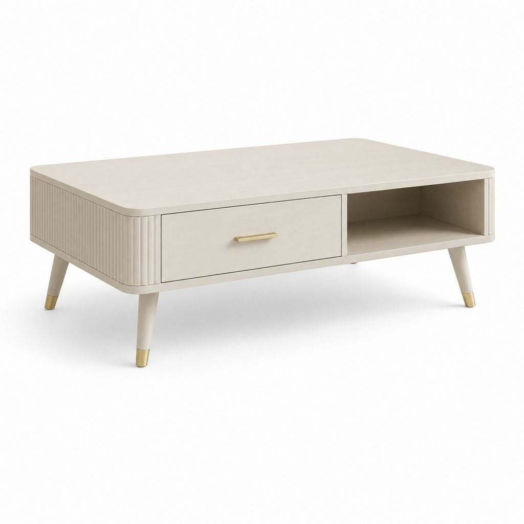 Tavolino da caffè rettangolare in MDF beige e oro con cassetto e vano aperto, 100 x 60 x 45 cm