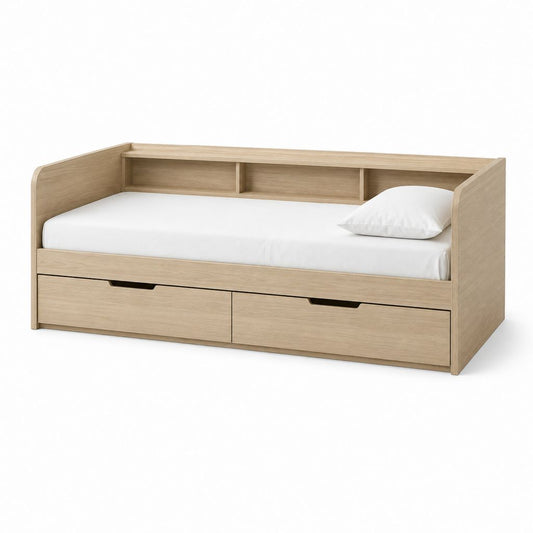 Letto divano singolo in truciolare melaminico rovere naturale con 2 cassetti e 3 vani, per materasso 90 × 200 cm, 205 × 97 × 95 cm