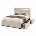 Letto matrimoniale imbottito 160 x 200 cm in poliestere beige con luce LED e 2 cassetti laterali