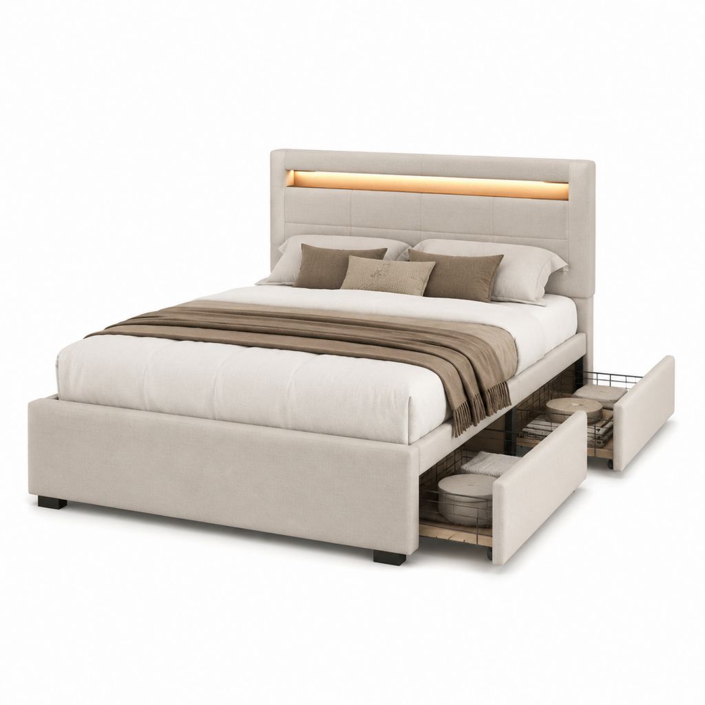 Letto matrimoniale imbottito 160 x 200 cm in poliestere beige con luce LED e 2 cassetti laterali