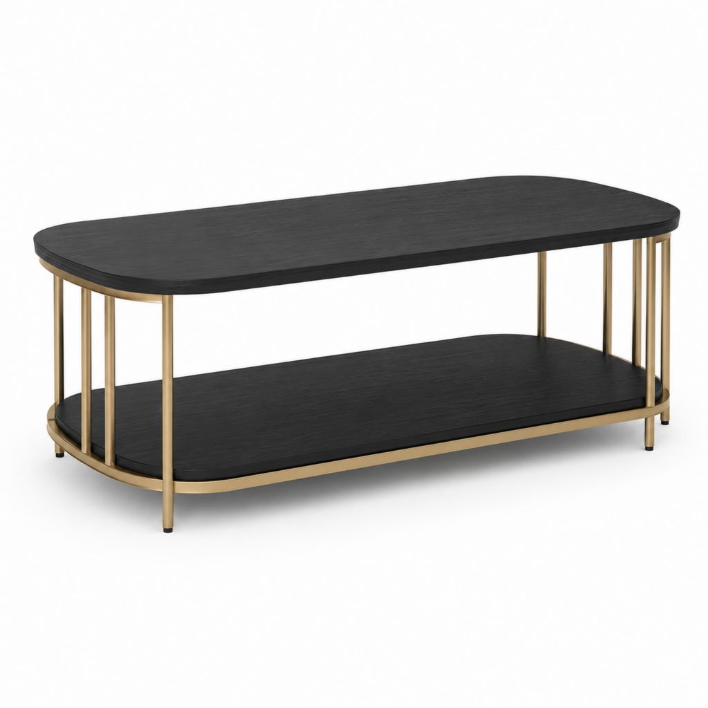 Tavolino da caffè rettangolare in legno e metallo, nero e oro, 110 × 55 × 45 cm