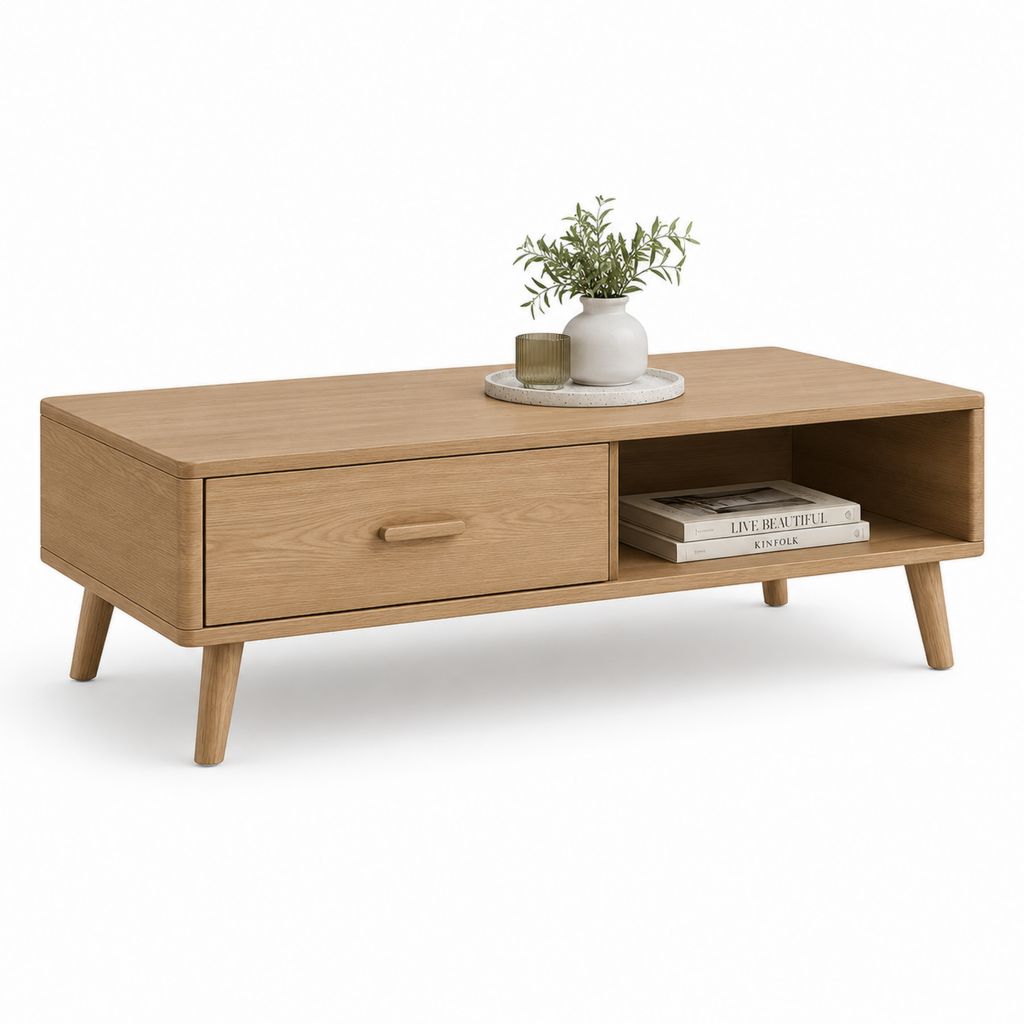 Tavolino da caffè rettangolare in MDF impiallacciato in rovere con cassetto e vano aperto, rovere naturale, 110 × 55 × 45 cm