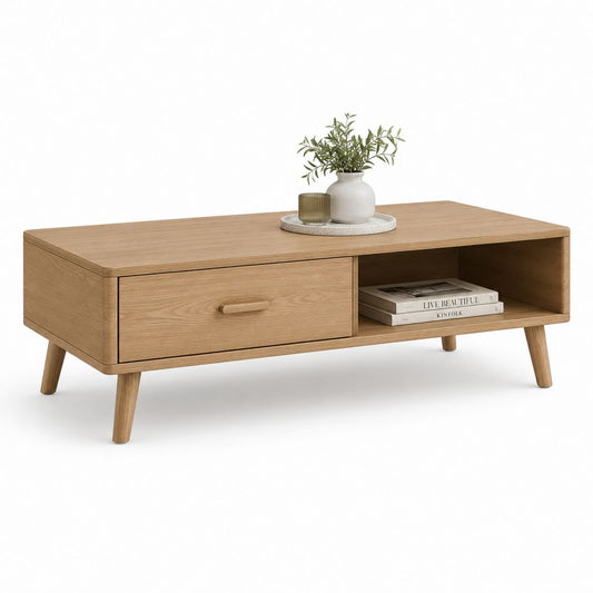 Tavolino da caffè rettangolare in MDF impiallacciato in rovere con cassetto e vano aperto, rovere naturale, 110 × 55 × 45 cm