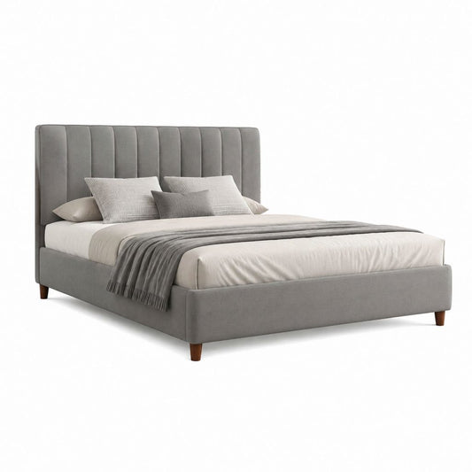 Letto matrimoniale imbottito grigio in tessuto 160 × 200 cm con testiera a pannelli verticali