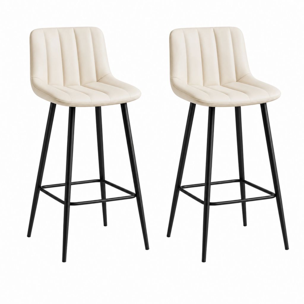 Set di 2 sgabelli da bar imbottiti in similpelle PU crema con struttura in acciaio nero, 47 × 52 × 94 cm