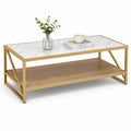 Tavolino da caffè rettangolare in MDF e acciaio, bianco effetto marmo, rovere e oro, 100 × 50 × 45 cm