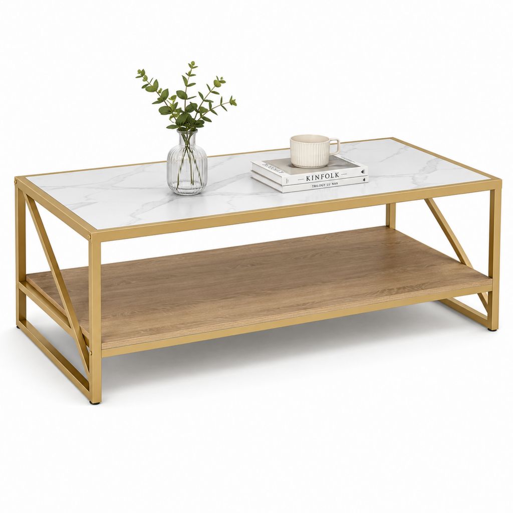 Tavolino da caffè rettangolare in MDF e acciaio, bianco effetto marmo, rovere e oro, 100 × 50 × 45 cm