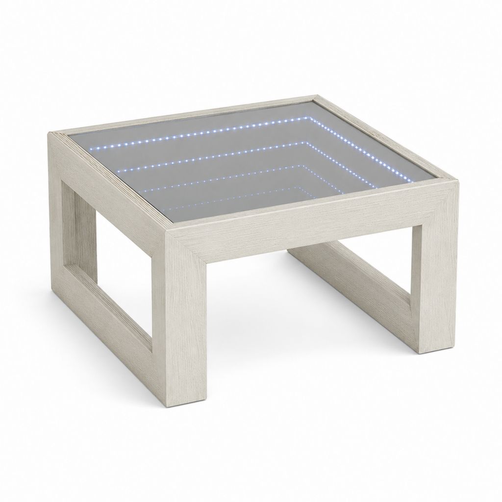 Tavolino da caffè quadrato con effetto infinito LED, piano in vetro temperato specchiato e struttura in MDF, rovere bianco e grigio, 60 × 60 × 45 cm