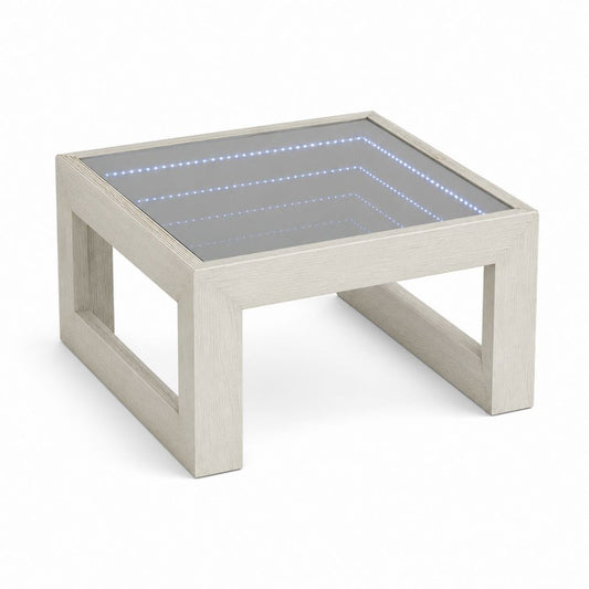 Tavolino da caffè quadrato con effetto infinito LED, piano in vetro temperato specchiato e struttura in MDF, rovere bianco e grigio, 60 × 60 × 45 cm
