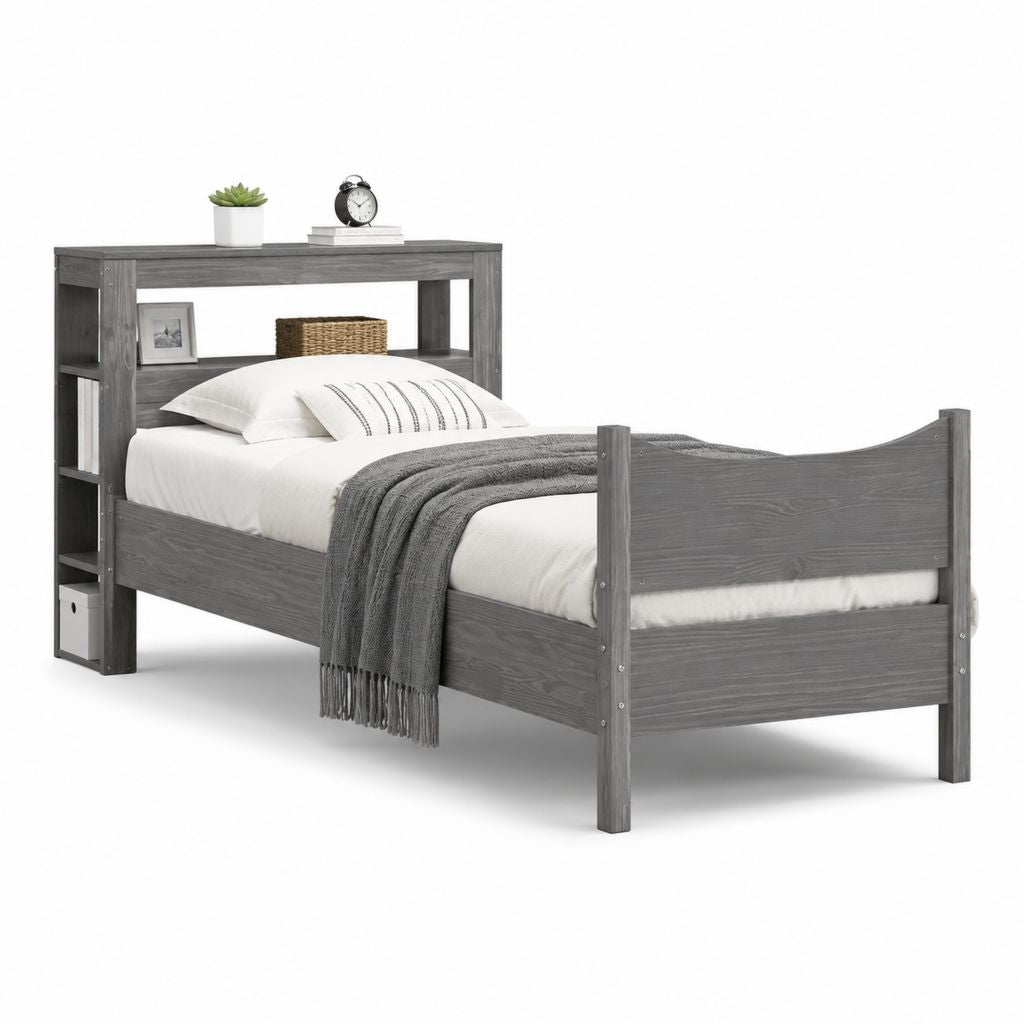 Letto singolo in legno grigio con testiera libreria, per materasso 90 x 200 cm, dimensioni 210 x 99 x 150 cm