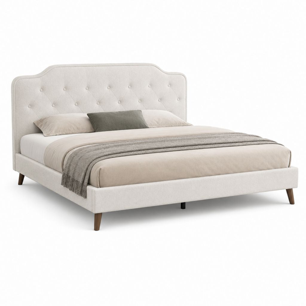 Letto matrimoniale imbottito in tessuto beige chiaro con testiera trapuntata, 174 x 215 x 118 cm, per materasso 160 x 200 cm