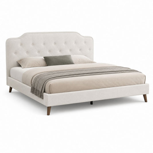 Letto matrimoniale imbottito in tessuto beige chiaro con testiera trapuntata, 174 x 215 x 118 cm, per materasso 160 x 200 cm