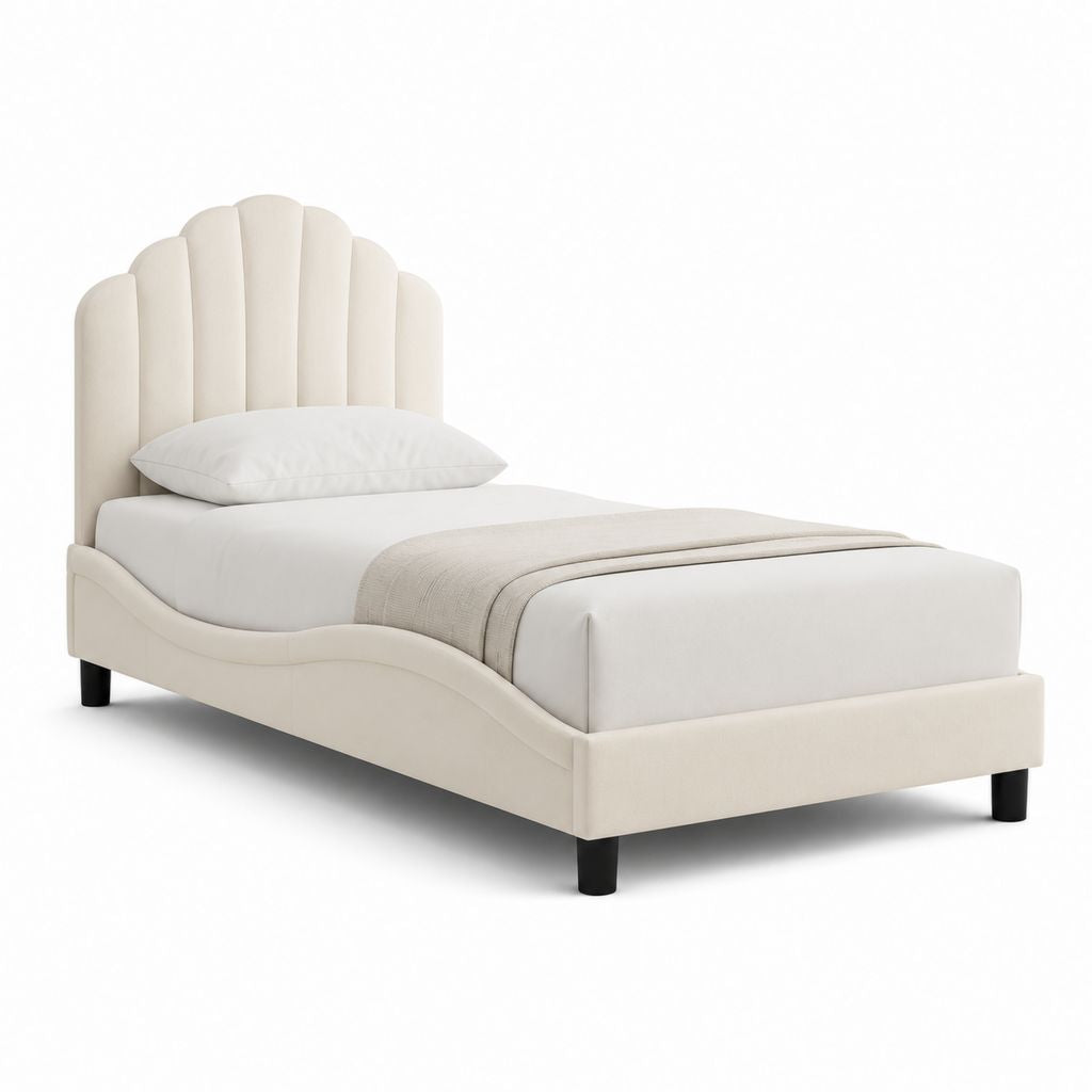 Letto singolo imbottito 90 x 200 cm in poliestere avorio con testiera a conchiglia, 104 x 215 x 118 cm