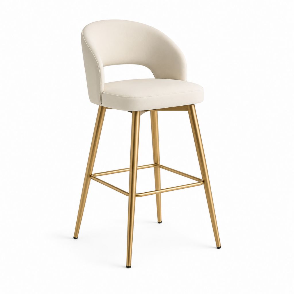 Sgabello da bar alto in pelle sintetica e acciaio, crema e oro, 53 x 54 x 98 cm